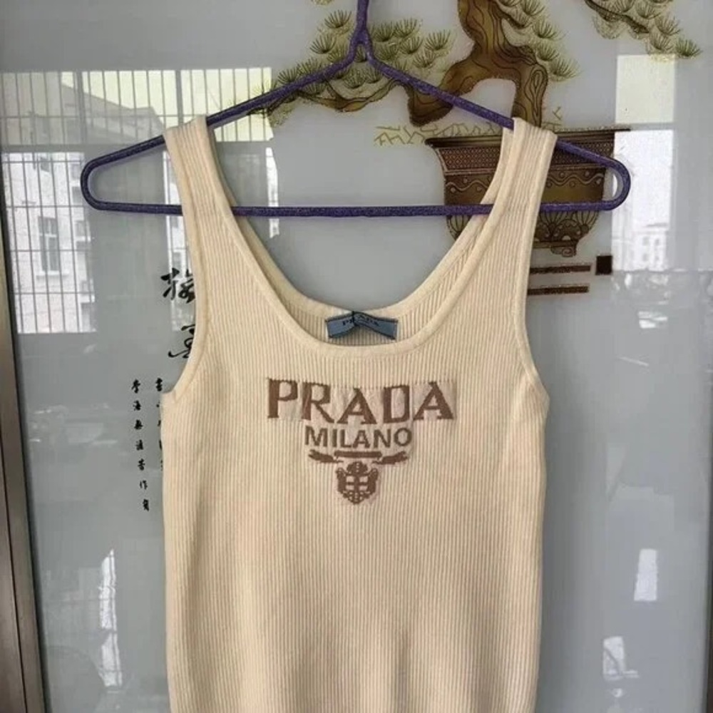 Prada Beige Sleeveless Top - Fits 100 - 120 lbs! Milano Logo